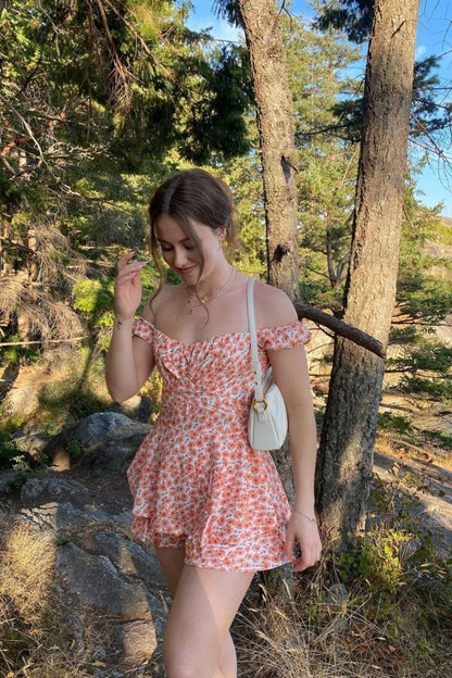 Cute A Line Off The Shoulder Floral Printed Satin Short Homecoming Dress,Summer 18th Birthday Dress GG4309