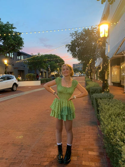 Green A Line Square Floral Printed Satin Short Homecoming Dress,Summer 18th Birthday Dress GG4310