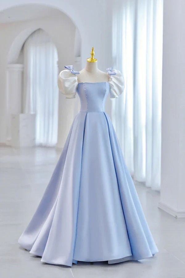 Gorgeous A Line Square Blue Satin Short Sleeves Long Prom Dress, Evening Dress GG432