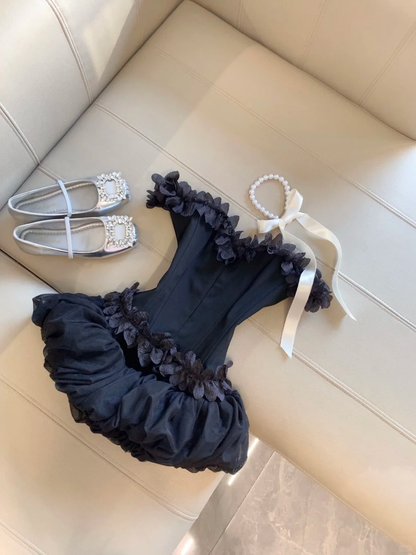 Classy A Line Off The Shoulder Black Satin Applique Short Homecoming Dress,Summer 16th Birthday Dress GG4327