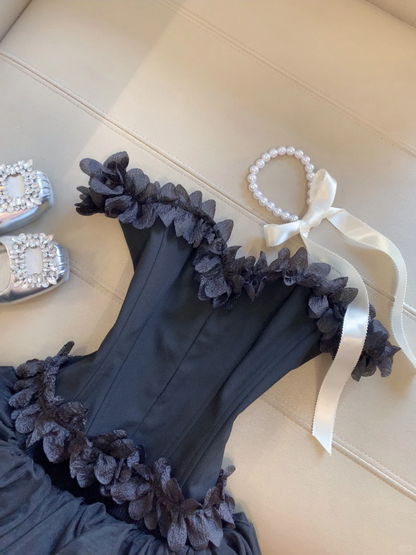 Classy A Line Off The Shoulder Black Satin Applique Short Homecoming Dress,Summer 16th Birthday Dress GG4327