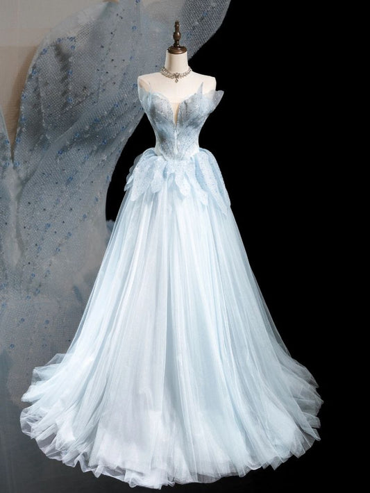 Gorgeous A Line Strapless Light Blue Beading Tulle Long Prom Dress, Evening Dress GG433