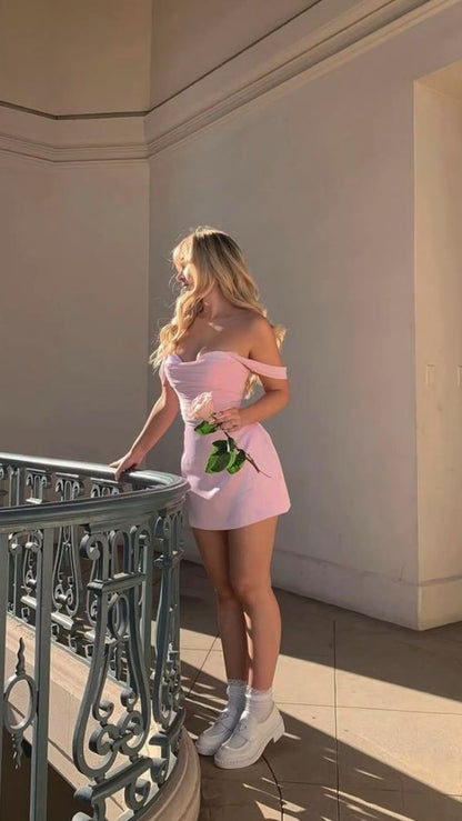 Sweet 16th A Line Off The Shoulder Pink Satin Short Homecoming Dress,Summer Birthday Dress GG4341