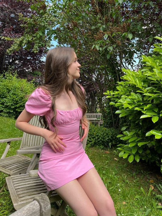 Pretty A Line U Neck Satin With Short Sleeves Short Homecoming Dress,Summer 16th Birthday Dress GG4342