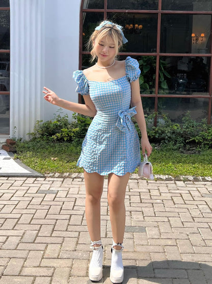 Classic A Line Square Satin Bow With Short Sleeves Short Homecoming Dress,Summer 17th Birthday Dress GG4343