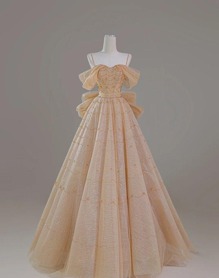 Gorgeous A Line Spaghetti Straps Champagne Beaded Tulle Back Bow Long Prom Dress, Evening Dress GG435