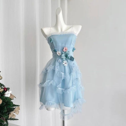 Pretty A Line Spaghetti Straps Pale Blue Satin Tulle Applique Short Homecoming Dress,Summer 17th Birthday Dress GG4350