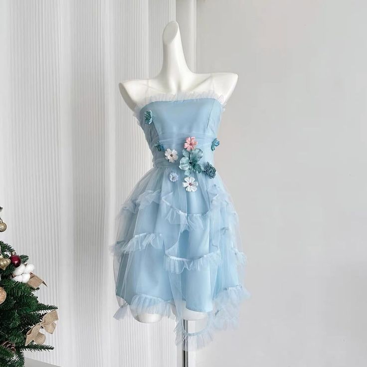 Pretty A Line Spaghetti Straps Pale Blue Satin Tulle Applique Short Homecoming Dress,Summer 17th Birthday Dress GG4350