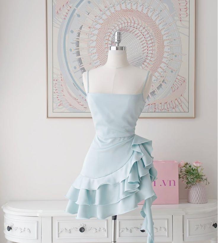 Cute A Line Spaghetti Straps Pale Blue Satin Ruffles Short Homecoming Dress,Summer 18th Birthday Dress GG4357