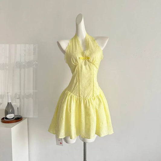 Yellow A Line Halter Satin Lace Short Homecoming Dress,Summer 17th Birthday Dress GG4359