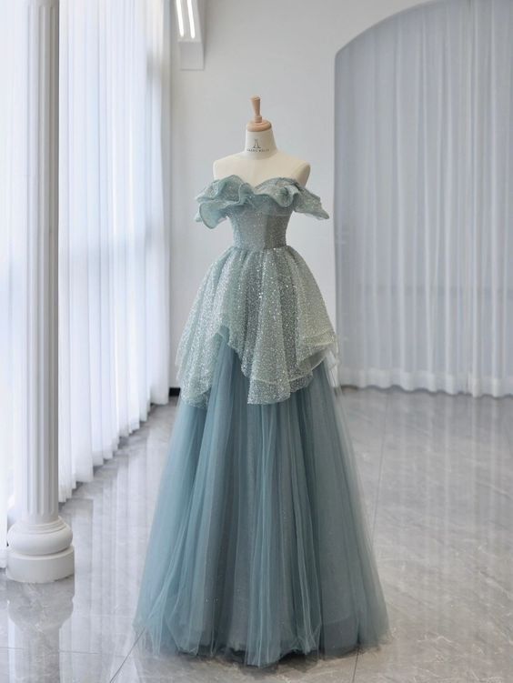 Gorgeous A Line Strapless Beaded Tulle Long Prom Dress, Evening Dress GG436