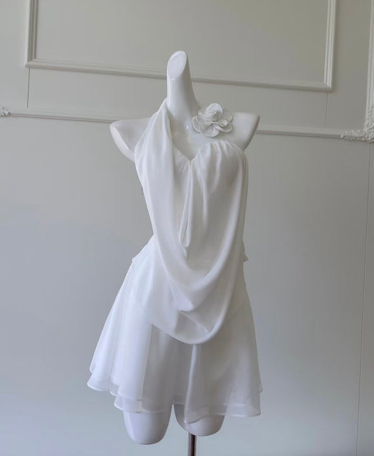 Chic A Line Halter White Chiffon With Flower Short Homecoming Dress,Summer 17th Birthday Dress GG4360