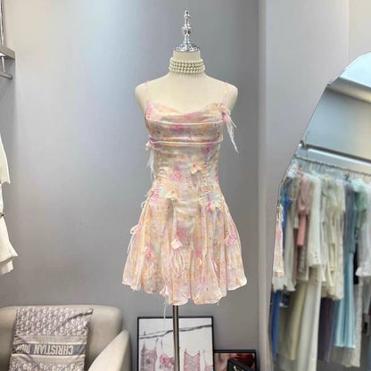 Fairy A Line Spaghetti Straps Printed Satin Short Homecoming Dress,Summer 18th Birthday Dress GG4363