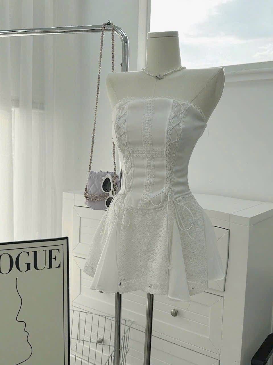 White A Line Strapless Lace Satin Short Homecoming Dress,Summer 16th Birthday Dress GG4364