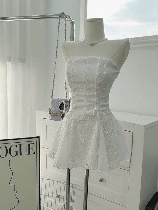 White A Line Strapless Lace Satin Short Homecoming Dress,Summer 16th Birthday Dress GG4364