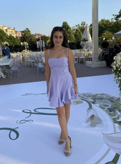 Lilac A Line Spaghetti Straps Satin Ruffles Short Homecoming Dress,Summer 18th Birthday Dress GG4369