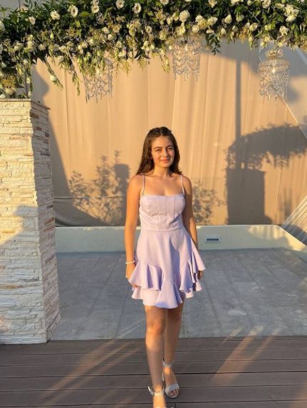 Lilac A Line Spaghetti Straps Satin Ruffles Short Homecoming Dress,Summer 18th Birthday Dress GG4369