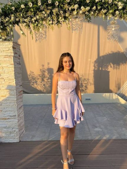 Lilac A Line Spaghetti Straps Satin Ruffles Short Homecoming Dress,Summer 18th Birthday Dress GG4369