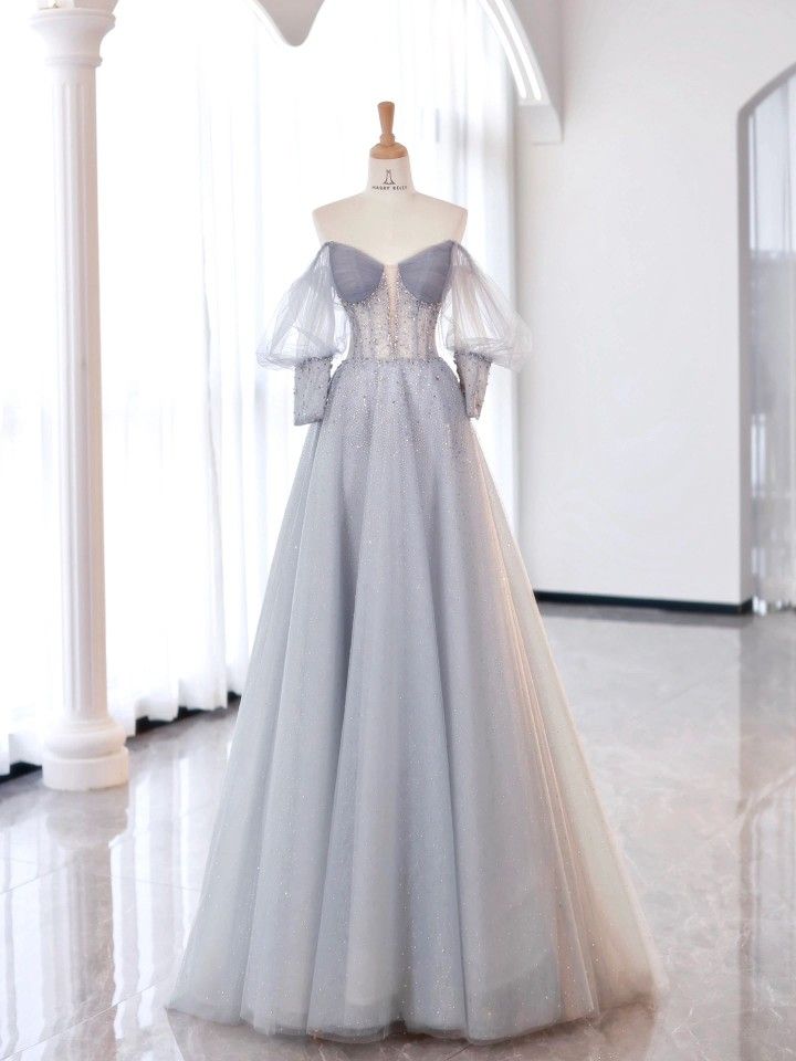 Gorgeous A Line Sweetheart Beaded Tulle Half Sleeves Long Prom Dress, Evening Dress GG437