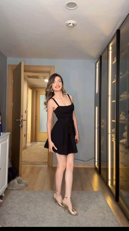 Simple A Line Spaghetti Straps Black Satin Short Homecoming Dress,Summer 19th Birthday Dress GG4371