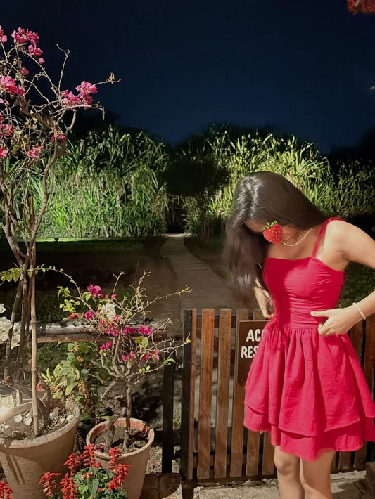 Hot Pink A Line Spaghetti Straps Satin Tiered Short Homecoming Dress,Summer 19th Birthday Dress GG4378