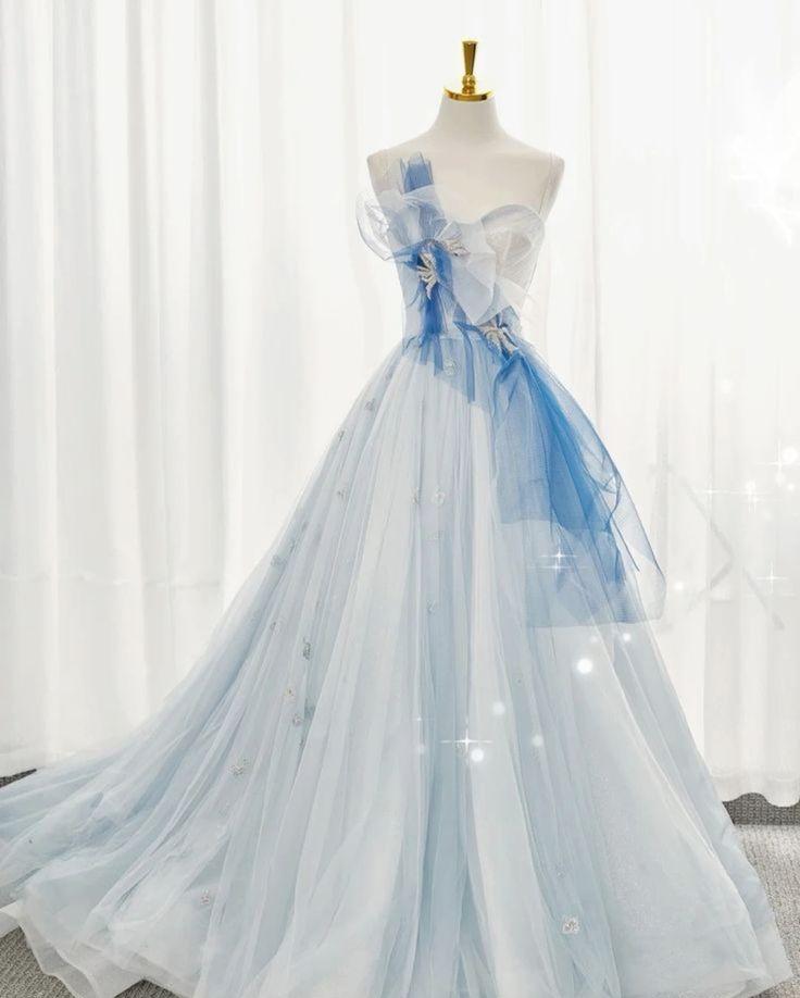 Elegant A Line Strapless Blue Tulle Long Prom Dress, Evening Dress GG439
