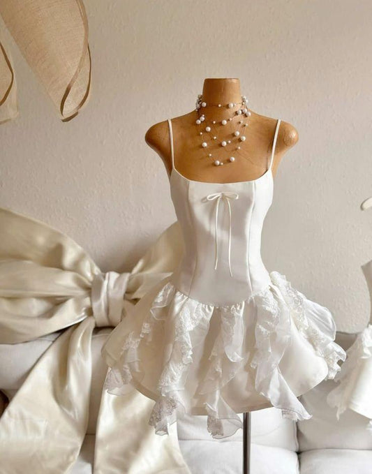 Lovely A Line Spaghetti Straps White Satin Lace Ruffles Short Homecoming Dress,Summer 18th Birthday Dress GG4392