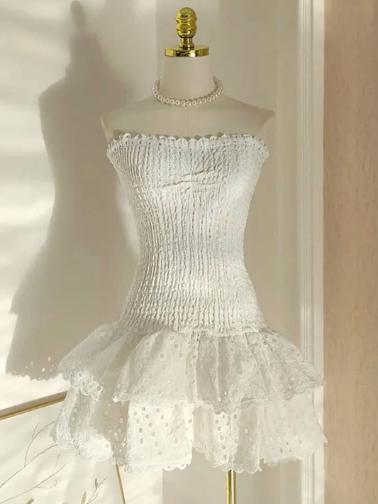 Chic A Line Strapless White Satin Hollow Tiered Short Homecoming Dress,Summer 18th Birthday Dress GG4394