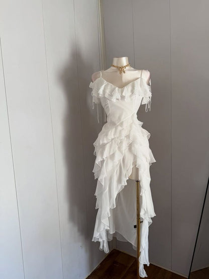 Fairy A Line Spaghetti Straps White Chiffon Ruffles High- Low Homecoming Dress,Summer 18th Birthday Dress GG4395