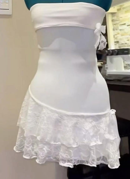 Elegant A Line Strapless White Satin Lace Short Homecoming Dress,Summer 18th Birthday Dress GG4396