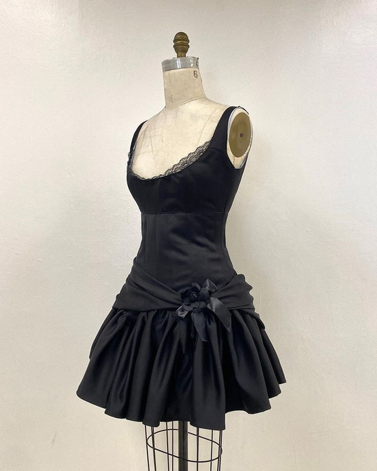 Classy A Line U Neck Black Satin Lace Short Homecoming Dress,Summer 18th Birthday Dress GG4397