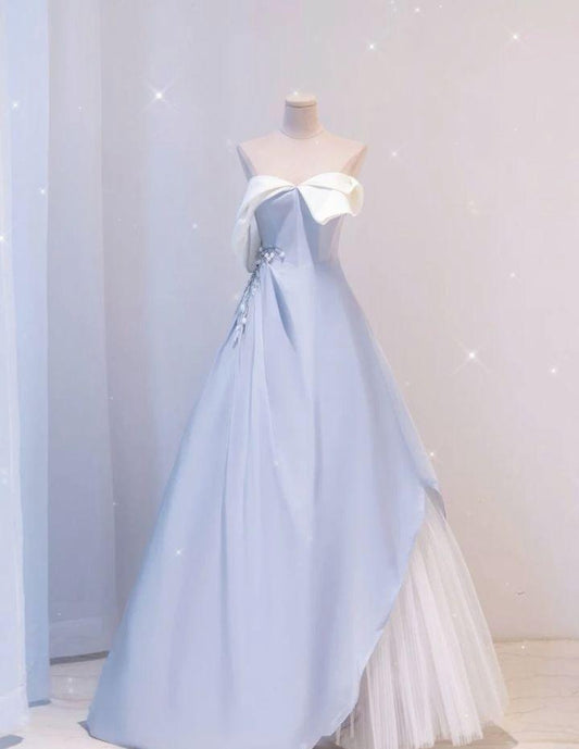 Elegant A Line Strapless Blue Satin Long Prom Dress, Evening Dress GG440