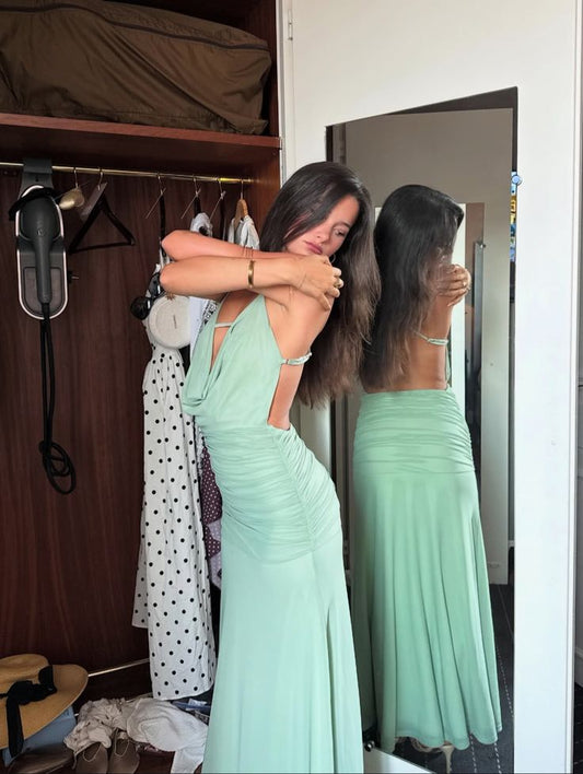 Unique Mermaid Halter Satin Pleated Backless Long Prom Dress,Party Dress,Formal Evening Dress GG4409