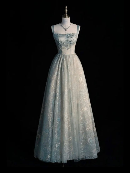 Elegant A Line Square Satin Applique Tulle Long Prom Dress, Evening Dress GG441