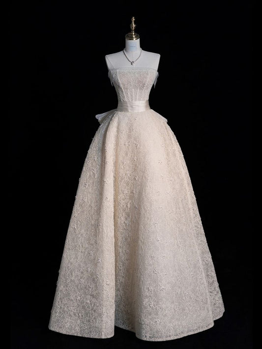 Elegant A Line Strapless Light Lvory Satin Applique Belt Long Prom Dress, Evening Dress GG442