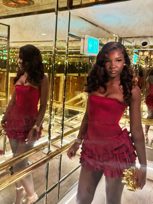 Sexy Burgundy Tight A Line Strapless Satin Tiered Short Homecoming Dress,Summer 19th Birthday Dress GG4428