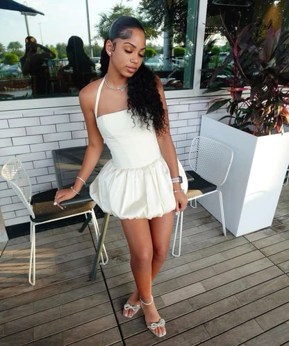 Modest A Line Halter Satin Short Homecoming Dress,Summer 17th Birthday Dress GG4429