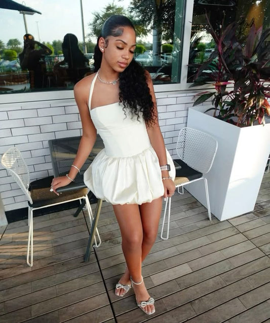 Modest A Line Halter Satin Short Homecoming Dress,Summer 17th Birthday Dress GG4429