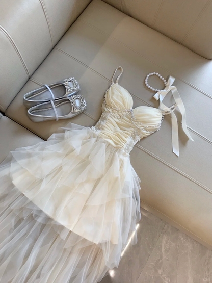 Fairy A Line Spaghetti Straps Chiffon Tulle Beads High-Low Homecoming Dress,Summer 17th Birthday Dress GG4432