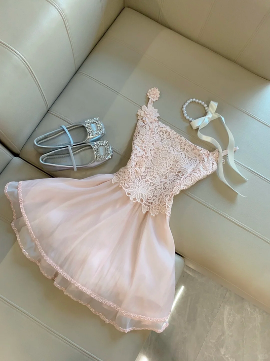 Chic Pink A Line Spaghetti Straps Lace Short Homecoming Dress,Summer 18th Birthday Dress GG4433