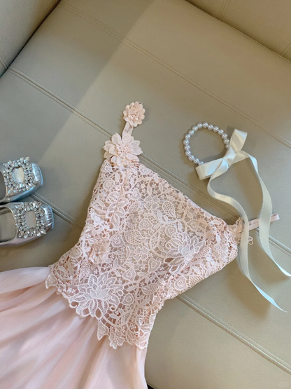 Chic Pink A Line Spaghetti Straps Lace Short Homecoming Dress,Summer 18th Birthday Dress GG4433