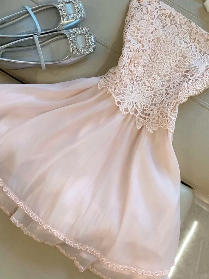 Chic Pink A Line Spaghetti Straps Lace Short Homecoming Dress,Summer 18th Birthday Dress GG4433