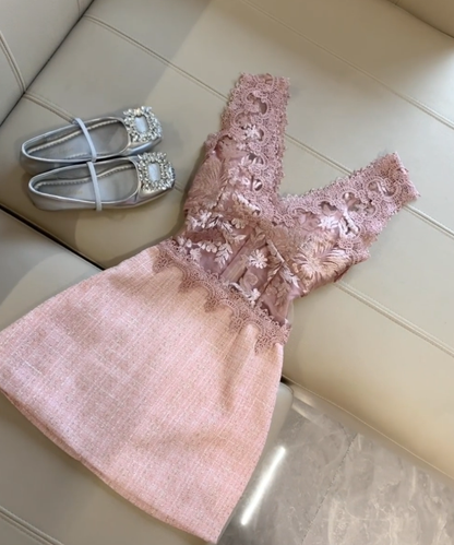 Modest A Line V Neck Satin Lace Short Homecoming Dress,Summer 21th Birthday Dress GG4436