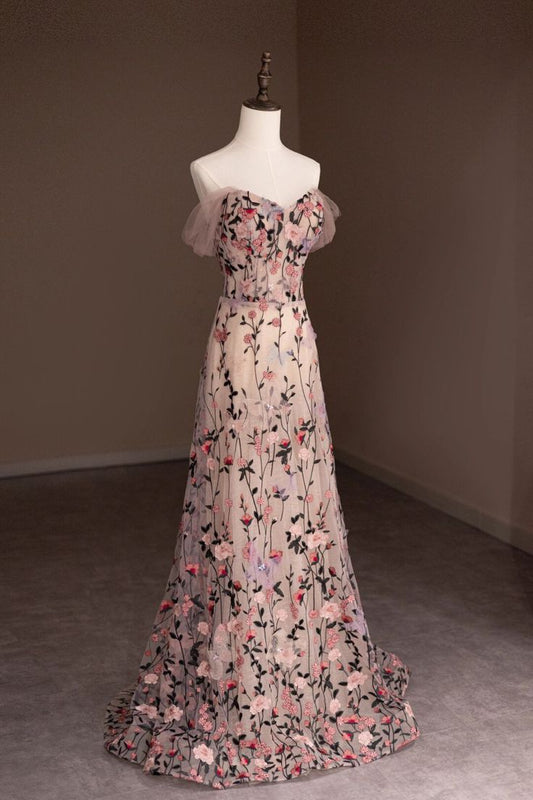 Elegant A Line Off The Shoulder Sweetheart  Tulle Applique Long Prom Dress, Evening Dress GG444