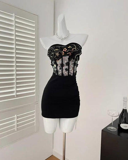 Gorgeous Mermaid Strapless Black Satin Sequin Applique Short Homecoming Dress,Summer 20th Birthday Dress GG4443