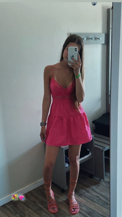 Hot Pink A Line Spaghetti Straps Satin Lace Short Homecoming Dress,Summer 20th Birthday Dress GG4447