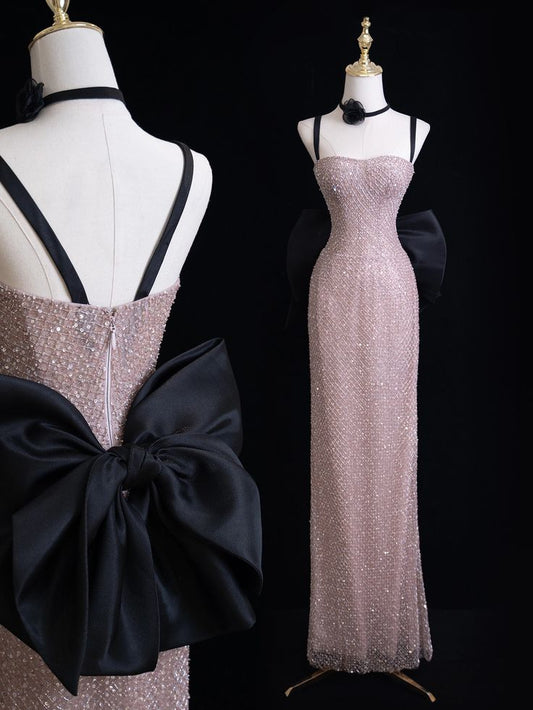 Gorgeous  A Line Spaghetti Straps Sweetheart  Sequin Back Bow Long Prom Dress, Evening Dress GG445