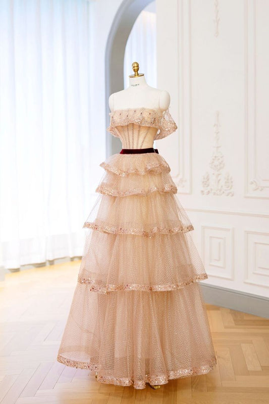 Gorgeous  A Line Strapless Beaded Layered Tulle Long Prom Dress, Evening Dress GG446