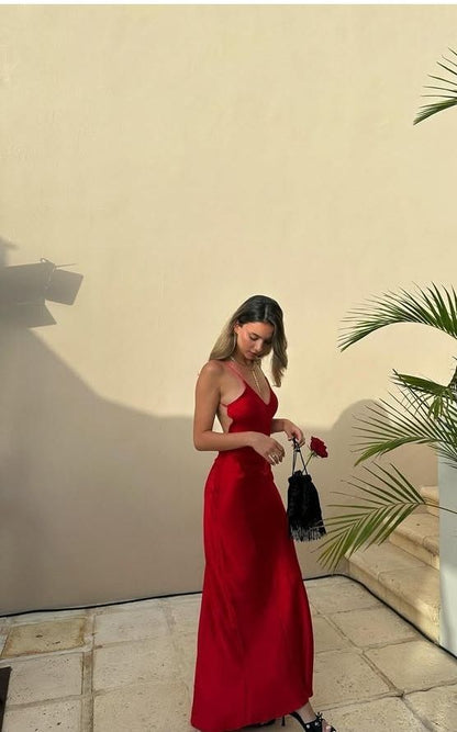 Sexy Red A Line Spaghetti Straps Satin Long Prom Dress,Party Dress,Formal Evening Dress GG4464