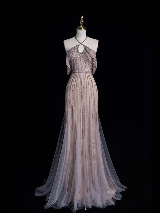 Gorgeous  A Line Halter Beaded  Tulle Long Prom Dress, Evening Dress GG447